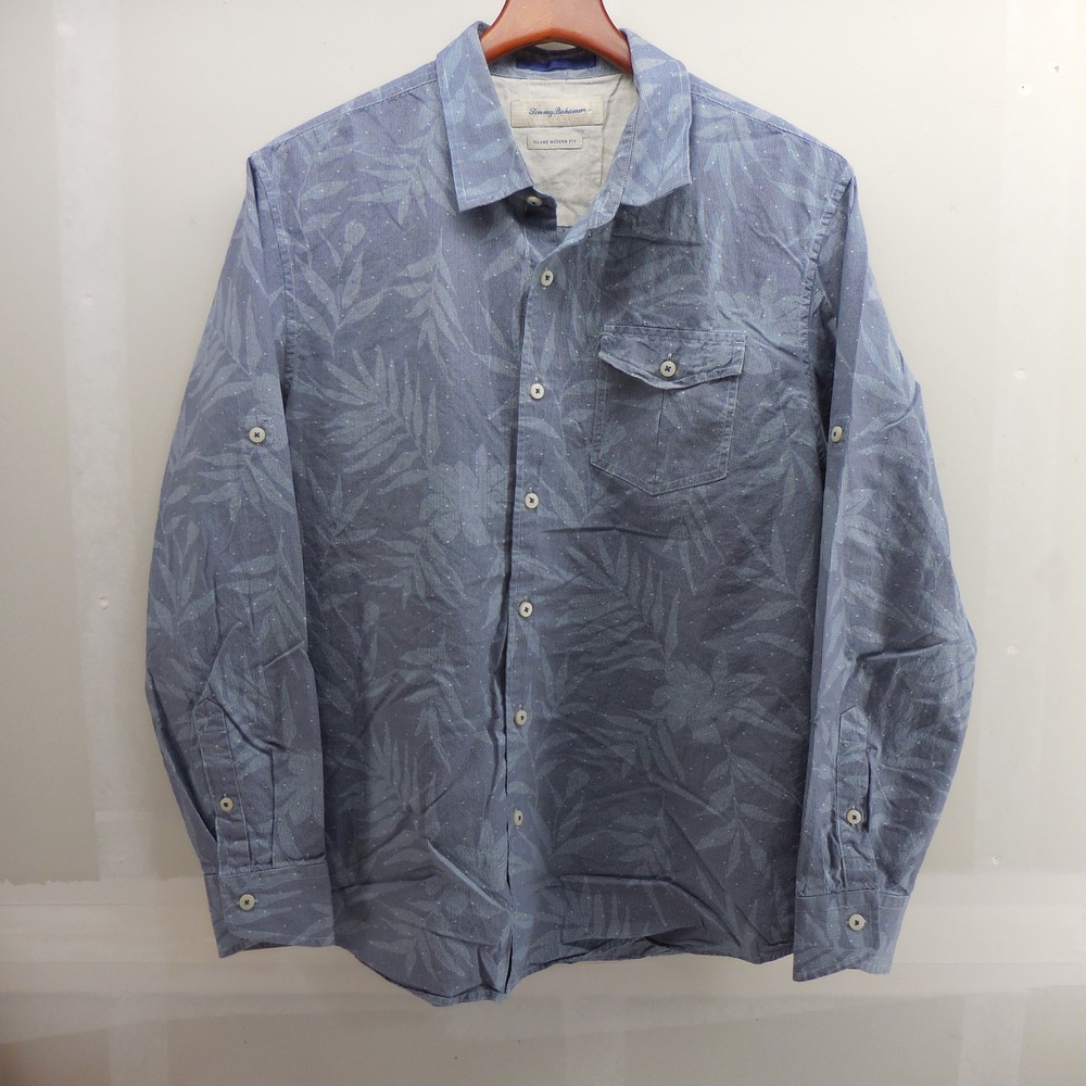 Tommy Bahama Island Modern Fit Blue Leaf Print Cotton Silk Shirt Mens Large